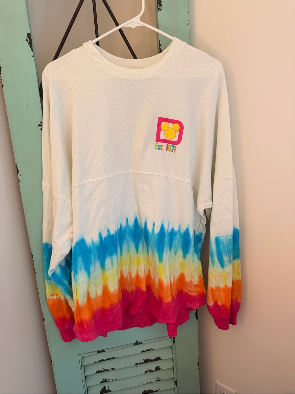 Disney White Long-Sleeve Tee with Rainbow Tie-Dye Hem